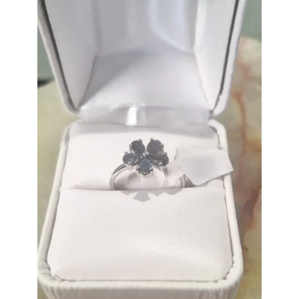 925 Sterling Silver 1.54ct Genuine Sapphire Flower Ring Size 6.5 Cluster- NIB